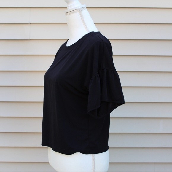 UNIQLO Black Top/ Blouse with Short Ruffle Flutter Sleeves - Picture 5 of 6
